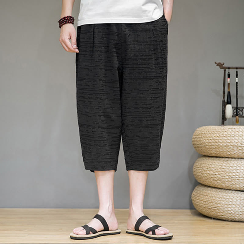 Buddha Stones Letnie, minimalistyczne, męskie spodnie haremowe z rozcięciami po bokach i kieszeniami, o długości 3/4 - image 14