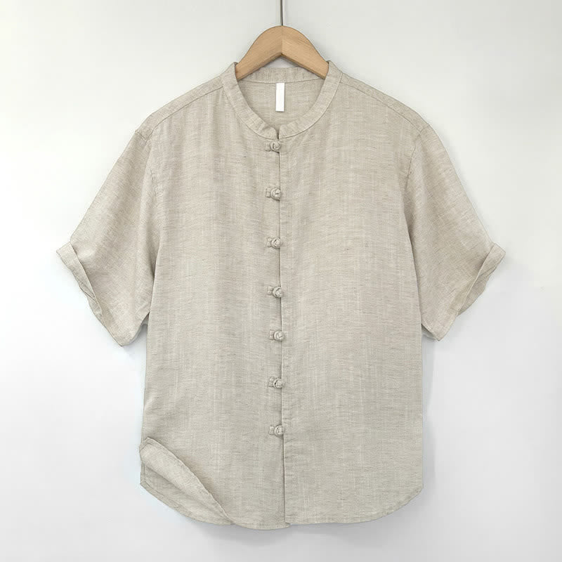 Buddha Stones Letnia minimalistyczna koszula męska z krótkim rękawem i stójką, zapinana na guziki typu żaba - Beżowy - US/UK/AU44， EU54 (4XL) - image 0