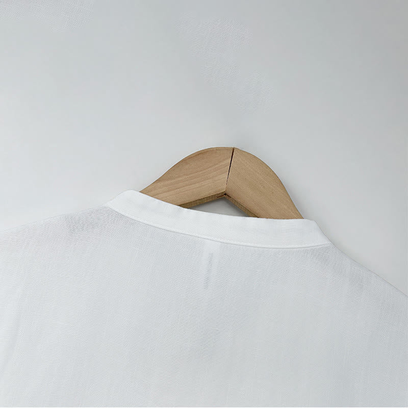 Buddha Stones Letnia minimalistyczna koszula męska z krótkim rękawem i stójką, zapinana na guziki typu żaba - image 11