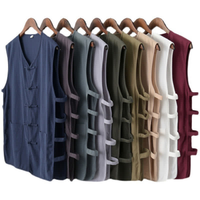Buddha Stones Letnia męska koszula bez rękawów w stylu Tang z żabką, guzikiem i rozcięciem z boku, z kieszeniami - image 14