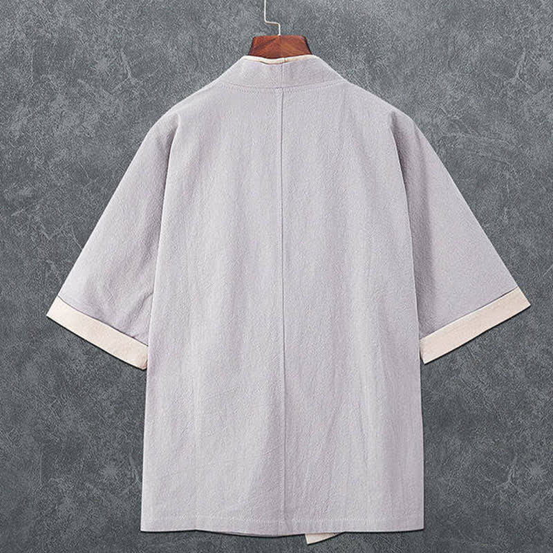 Buddha Stones Letnie, minimalistyczne, męskie kimono z krótkim rękawem i dekoltem w serek, zapinane na guziki i żabki - image 5