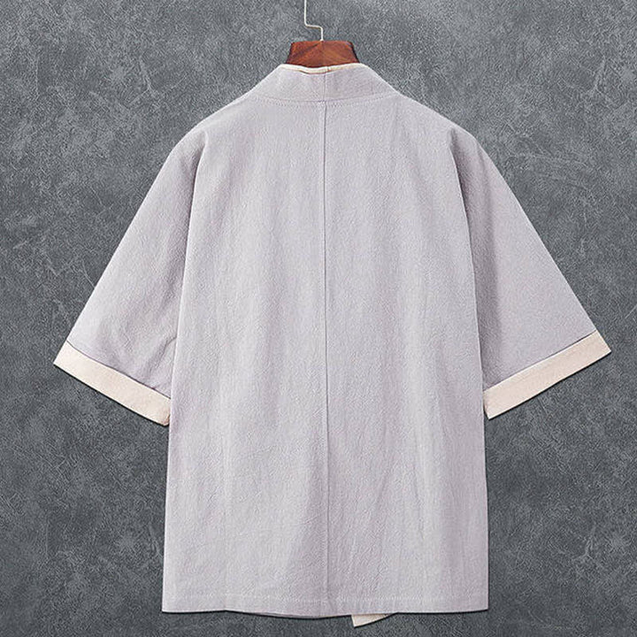 Buddha Stones Letnie, minimalistyczne, męskie kimono z krótkim rękawem i dekoltem w serek, zapinane na guziki i żabki - image 5