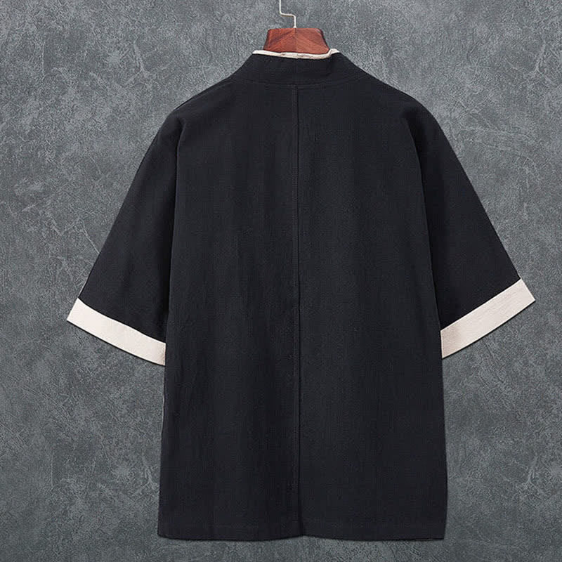 Buddha Stones Letnie, minimalistyczne, męskie kimono z krótkim rękawem i dekoltem w serek, zapinane na guziki i żabki - image 3