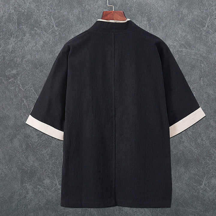 Buddha Stones Letnie, minimalistyczne, męskie kimono z krótkim rękawem i dekoltem w serek, zapinane na guziki i żabki - image 3