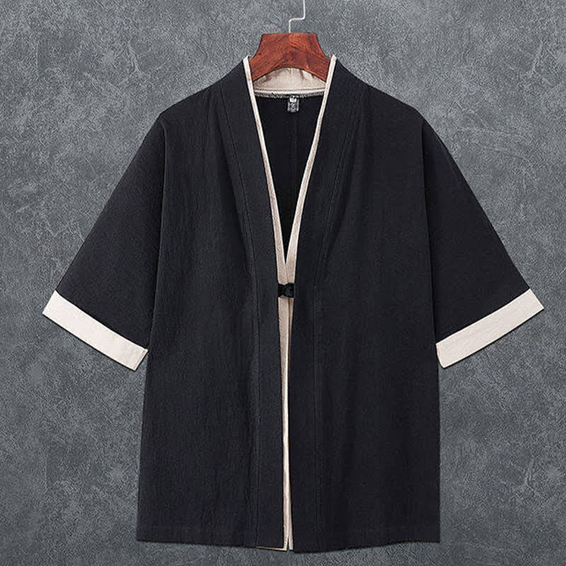 Buddha Stones Letnie, minimalistyczne, męskie kimono z krótkim rękawem i dekoltem w serek, zapinane na guziki i żabki - Czarny - US/UK/AU46， EU56 (5XL) - image 2