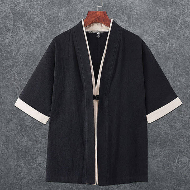 Buddha Stones Letnie, minimalistyczne, męskie kimono z krótkim rękawem i dekoltem w serek, zapinane na guziki i żabki - Czarny - US/UK/AU46， EU56 (5XL) - image 2