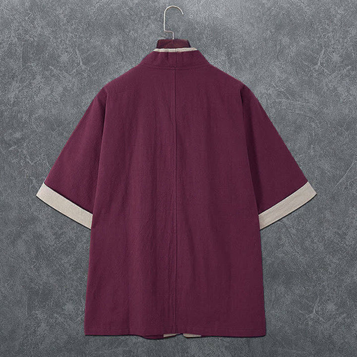 Buddha Stones Letnie, minimalistyczne, męskie kimono z krótkim rękawem i dekoltem w serek, zapinane na guziki i żabki - image 7
