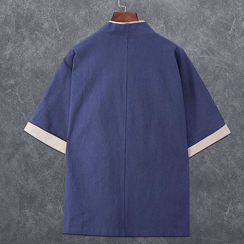 Buddha Stones Letnie, minimalistyczne, męskie kimono z krótkim rękawem i dekoltem w serek, zapinane na guziki i żabki - image 1
