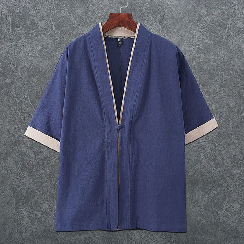 Buddha Stones Letnie, minimalistyczne, męskie kimono z krótkim rękawem i dekoltem w serek, zapinane na guziki i żabki - Stalowoniebieski - US/UK/AU46， EU56 (5XL) - image 0