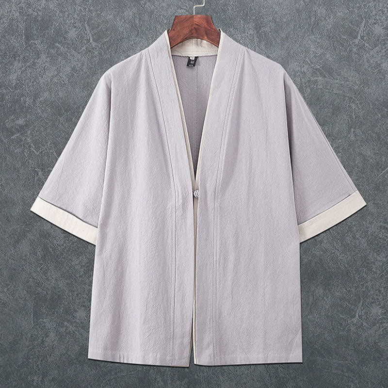 Buddha Stones Letnie, minimalistyczne, męskie kimono z krótkim rękawem i dekoltem w serek, zapinane na guziki i żabki - Jasnoszary - US/UK/AU46， EU56 (5XL) - image 4