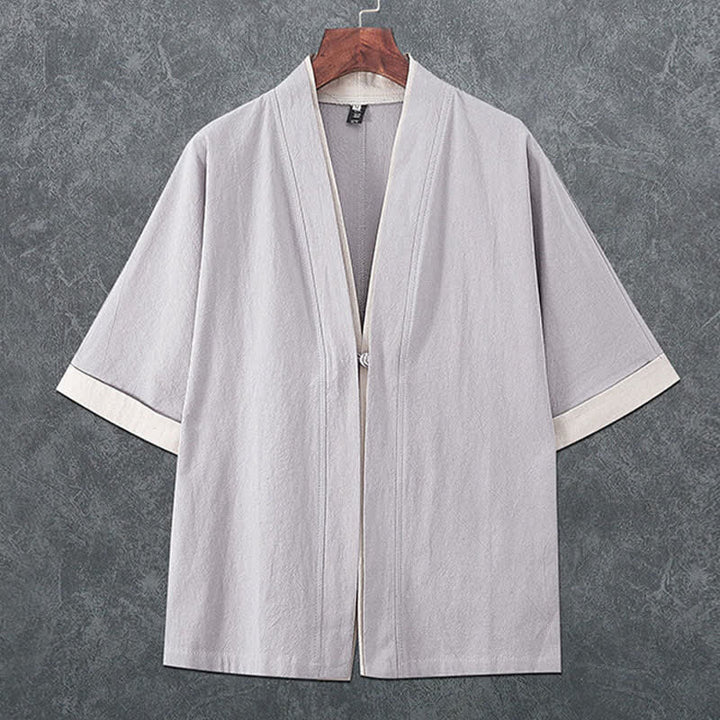 Buddha Stones Letnie, minimalistyczne, męskie kimono z krótkim rękawem i dekoltem w serek, zapinane na guziki i żabki - Jasnoszary - US/UK/AU46， EU56 (5XL) - image 4
