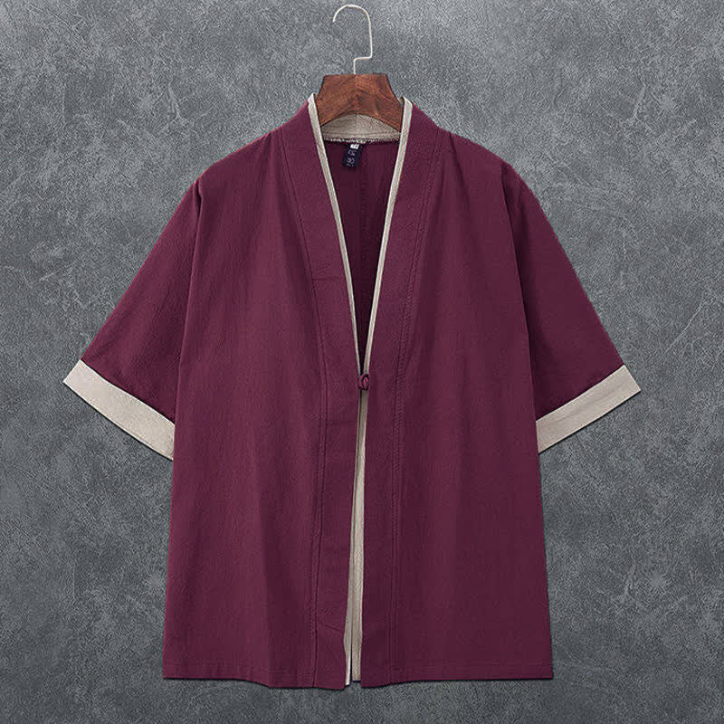 Buddha Stones Letnie, minimalistyczne, męskie kimono z krótkim rękawem i dekoltem w serek, zapinane na guziki i żabki - Kasztanowaty - US/UK/AU46， EU56 (5XL) - image 6