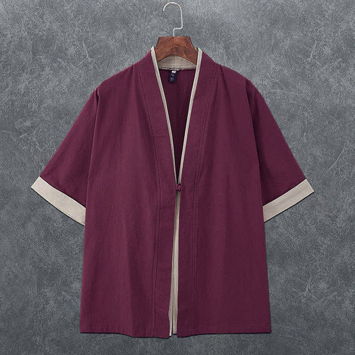 Buddha Stones Letnie, minimalistyczne, męskie kimono z krótkim rękawem i dekoltem w serek, zapinane na guziki i żabki - Kasztanowaty - US/UK/AU46， EU56 (5XL) - image 6