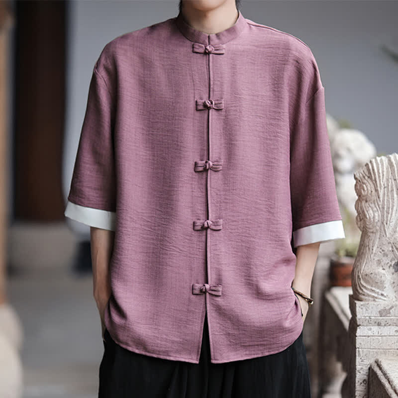 Buddha Stones Koszule męskie w stylu Summer Tang z kołnierzykiem mandaryńskim i guzikami typu żabka, z rękawami do łokcia - Śliwka - US/UK/AU46， EU56 (5XL) - image 15