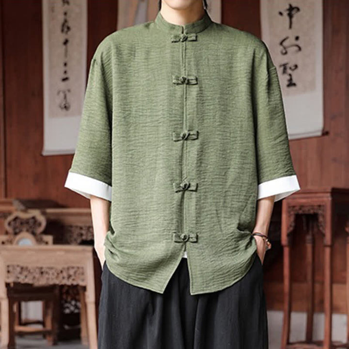 Buddha Stones Koszule męskie w stylu Summer Tang z kołnierzykiem mandaryńskim i guzikami typu żabka, z rękawami do łokcia - Oliwkowy - US/UK/AU46， EU56 (5XL) - image 0