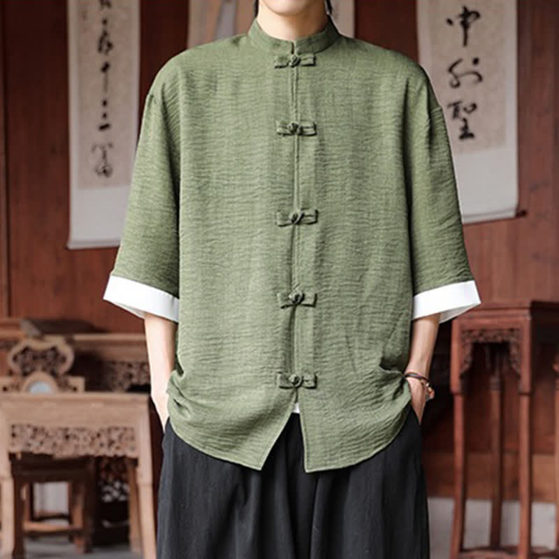 Buddha Stones Koszule męskie w stylu Summer Tang z kołnierzykiem mandaryńskim i guzikami typu żabka, z rękawami do łokcia - Oliwkowy - US/UK/AU46， EU56 (5XL) - image 0