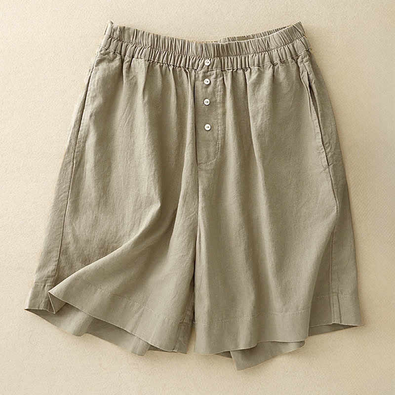 Buddha Stones Letnie, minimalistyczne, zapinane na guziki, z elastyczną talią, solidne, damskie szorty z kieszeniami - Ciemny Khaki - US12, UK/AU16, EU44 (2XL) - image 0