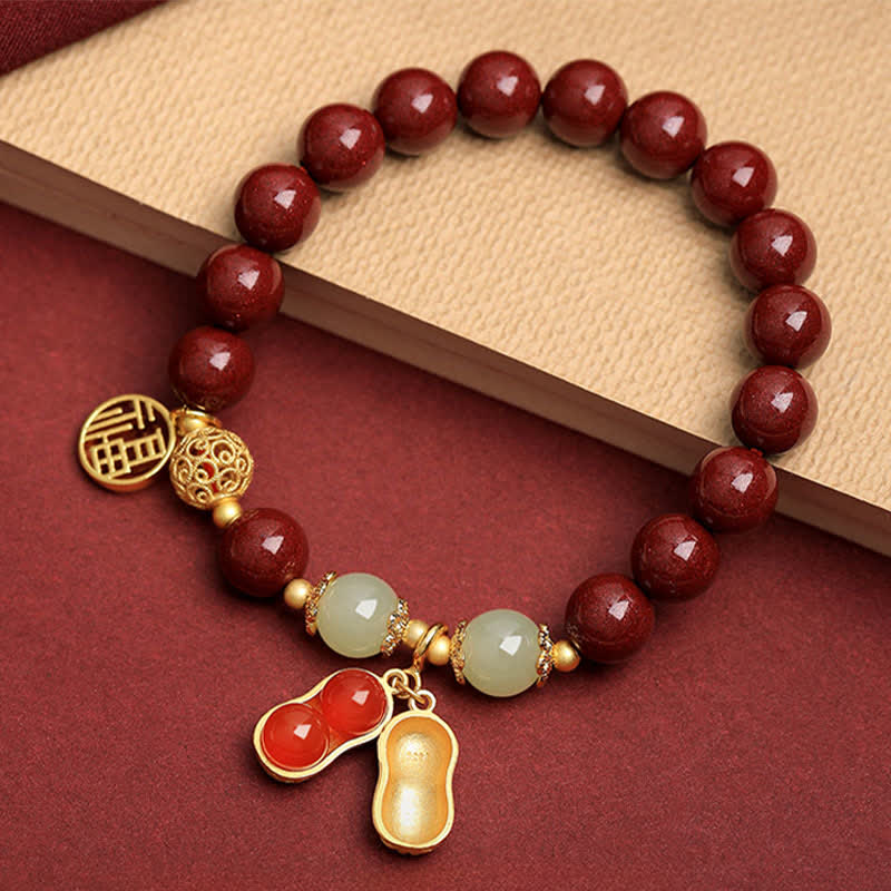 Buddha Stones Naturalna bransoletka z orzeszkami ziemnymi w kształcie cynobru Fu, z napisem „Dobre rzeczy się zdarzają” - Cynober (obwód nadgarstka 15-16 cm) - image 0