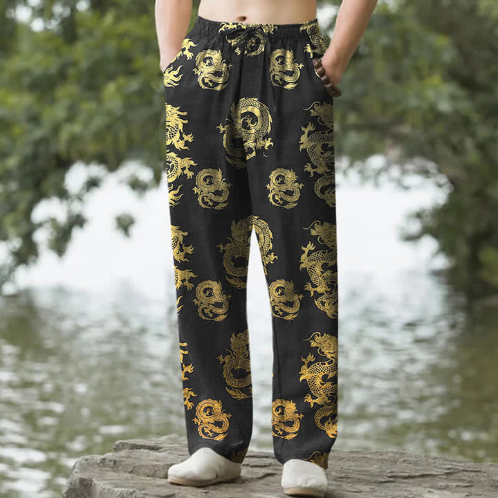 Buddha Stones Spodnie męskie zwężane z bawełny w złoty wzór smoka z kieszeniami - Czarny - US/UK/AU50, EU60 (5XL) - image 0