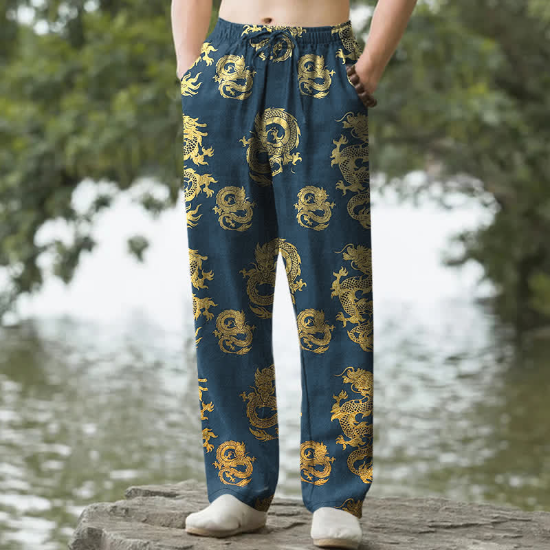 Buddha Stones Spodnie męskie zwężane z bawełny w złoty wzór smoka z kieszeniami - Stalowoniebieski - US/UK/AU50, EU60 (5XL) - image 4