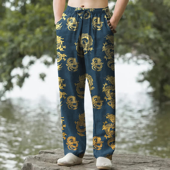 Buddha Stones Spodnie męskie zwężane z bawełny w złoty wzór smoka z kieszeniami - Stalowoniebieski - US/UK/AU50, EU60 (5XL) - image 4