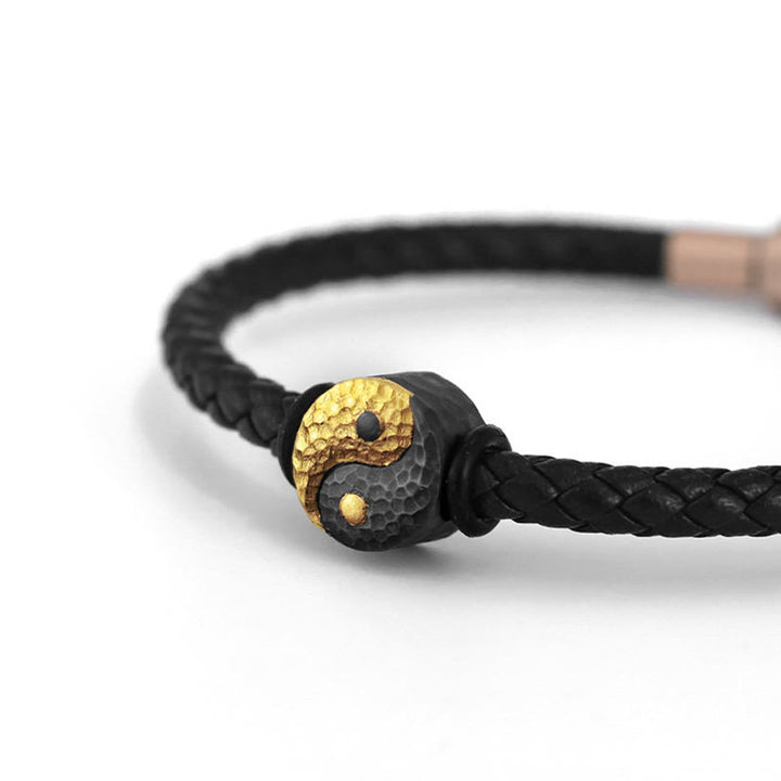 Buddha Stones Bransoletka skórzana ze srebra próby 925 i złota 999 z symbolem równowagi Yin Yang Bagua - image 8