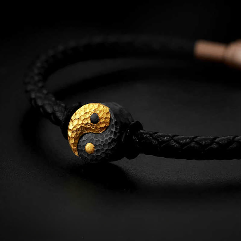 Buddha Stones Bransoletka skórzana ze srebra próby 925 i złota 999 z symbolem równowagi Yin Yang Bagua - image 1