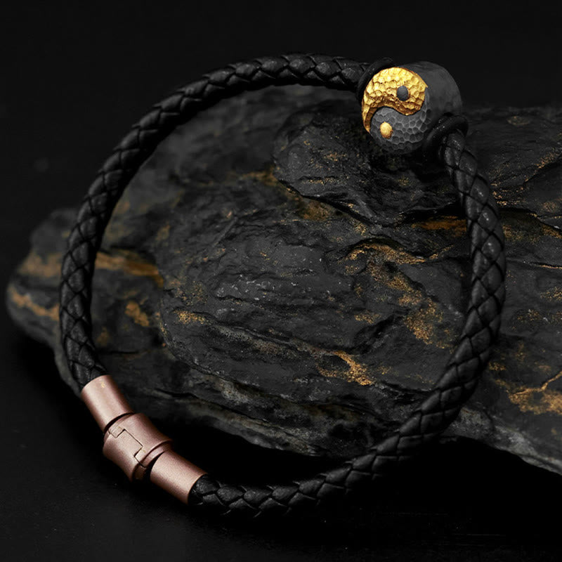 Buddha Stones Bransoletka skórzana ze srebra próby 925 i złota 999 z symbolem równowagi Yin Yang Bagua - image 2