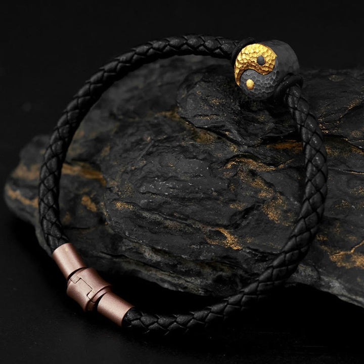 Buddha Stones Bransoletka skórzana ze srebra próby 925 i złota 999 z symbolem równowagi Yin Yang Bagua - image 2