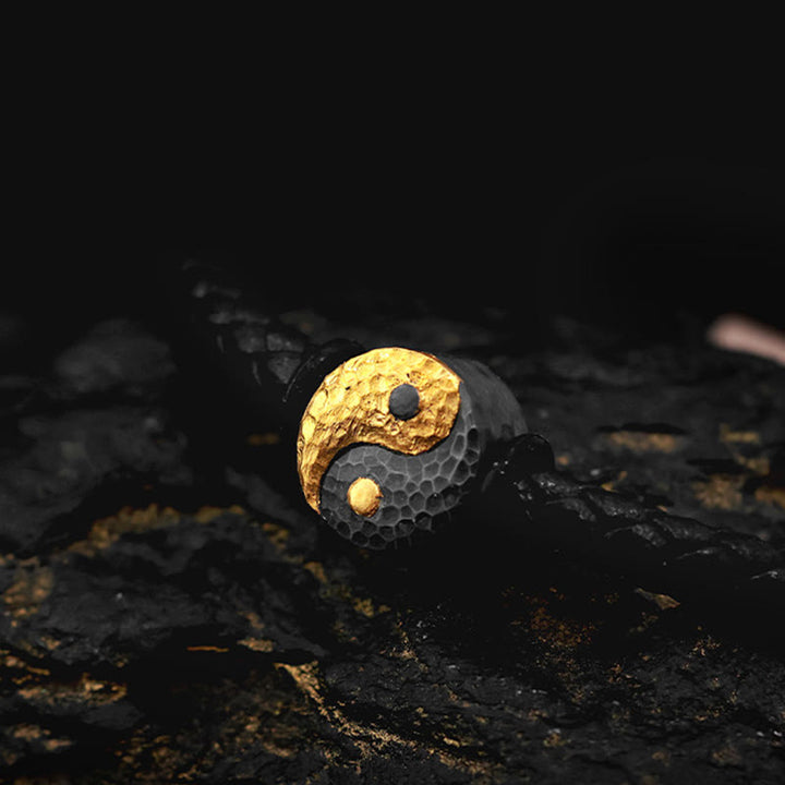 Buddha Stones Bransoletka skórzana ze srebra próby 925 i złota 999 z symbolem równowagi Yin Yang Bagua - image 9