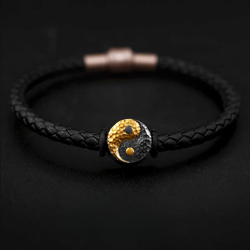 Buddha Stones Bransoletka skórzana ze srebra próby 925 i złota 999 z symbolem równowagi Yin Yang Bagua - 20 cm - image 0