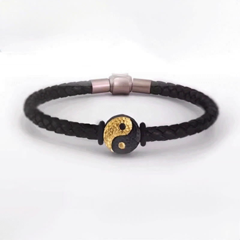 Buddha Stones Bransoletka skórzana ze srebra próby 925 i złota 999 z symbolem równowagi Yin Yang Bagua - image 12