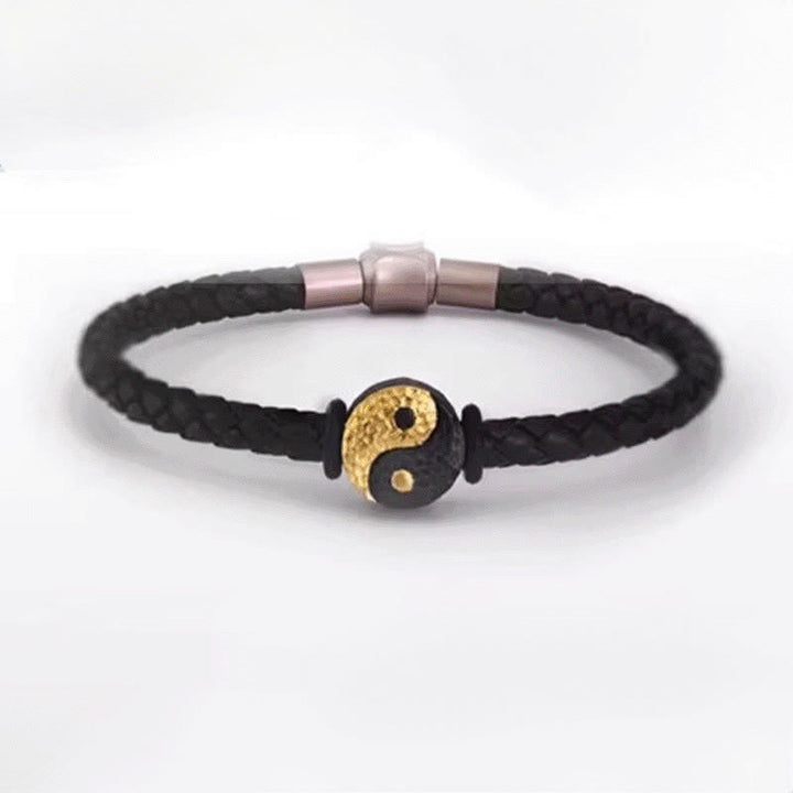 Buddha Stones Bransoletka skórzana ze srebra próby 925 i złota 999 z symbolem równowagi Yin Yang Bagua - image 12