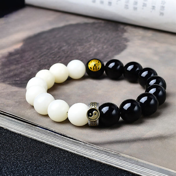 Buddha Stones Bransoletka z czarnego obsydianu z nasionami bodhi yin yang, mantrą dziewięciu znaków, duchami gór, siłą wydawania pieniędzy - Nasiona Bodhi z czarnego obsydianu - 12 mm (obwód nadgarstka: 17-18 cm) - image 0