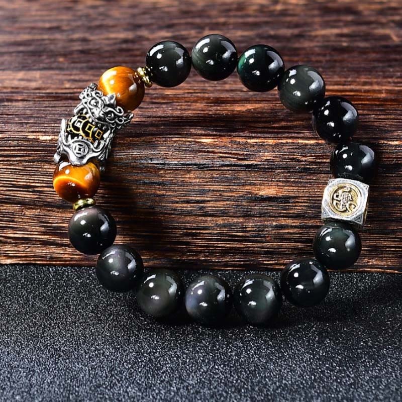 Buddha Stones Bransoletka transformacyjna PiXiu z naturalnego czarnego obsydianu i tygrysiego oka - image 1