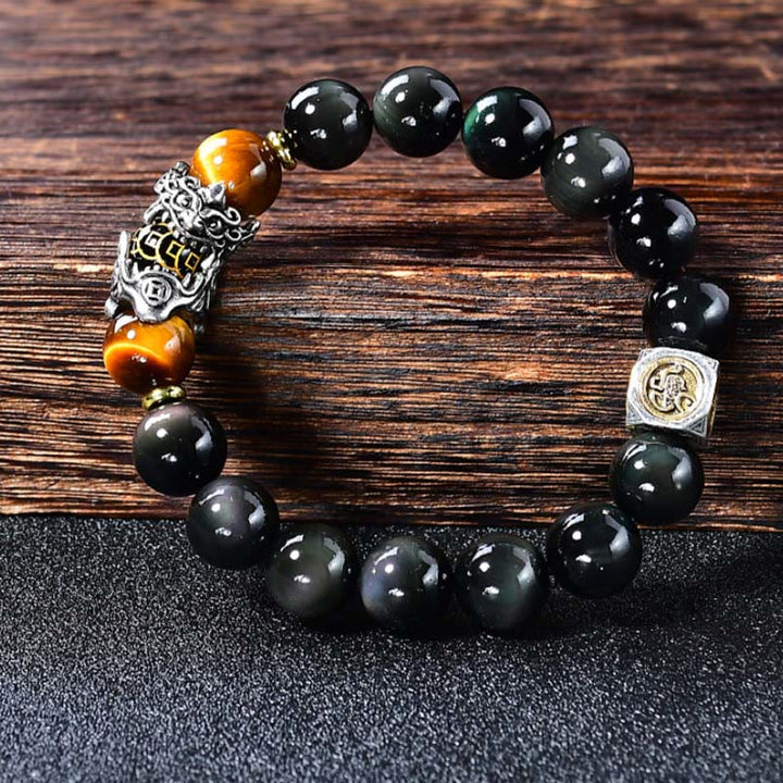 Buddha Stones Bransoletka transformacyjna PiXiu z naturalnego czarnego obsydianu i tygrysiego oka - image 1