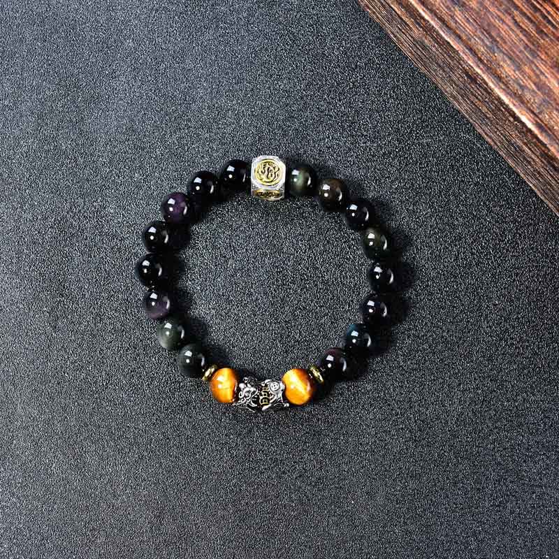 Buddha Stones Bransoletka transformacyjna PiXiu z naturalnego czarnego obsydianu i tygrysiego oka - image 3