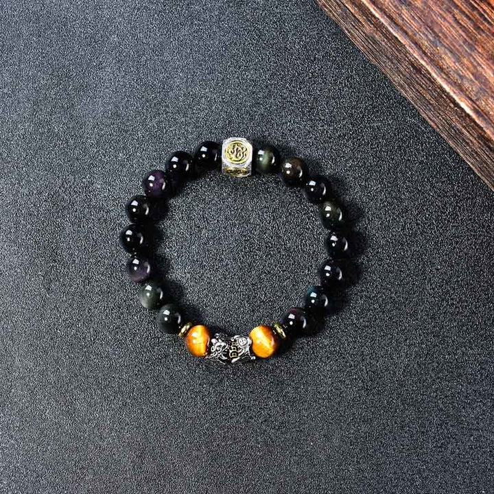Buddha Stones Bransoletka transformacyjna PiXiu z naturalnego czarnego obsydianu i tygrysiego oka - image 3