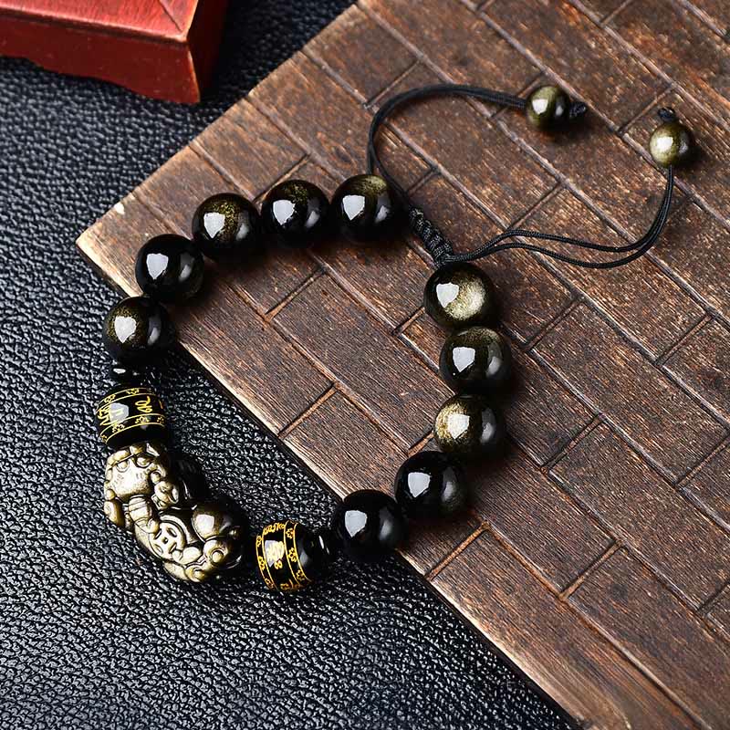 Buddha Stones Bransoletka ochronna PiXiu Om Mani Padme Hum z naturalnego, złotego obsydianu - 14 mm (obwód nadgarstka: 18-19 cm) - image 10