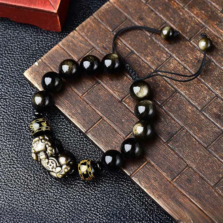 Buddha Stones Bransoletka ochronna PiXiu Om Mani Padme Hum z naturalnego, złotego obsydianu - 14 mm (obwód nadgarstka: 18-19 cm) - image 10