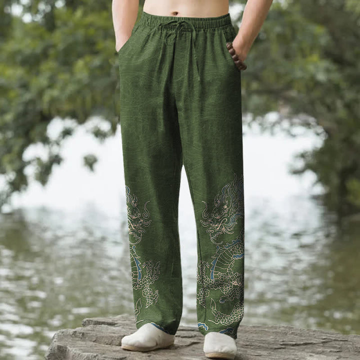 Buddha Stones Spodnie męskie zwężane z bawełny w złote chmury smoka z kieszeniami - DarkOliveGreen - US/UK/AU50, EU60 (5XL) - image 4