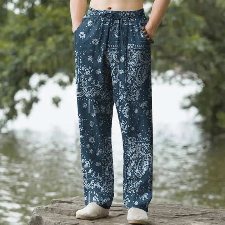 Buddha Stones Spodnie męskie zwężane z bawełny z motywem paisley i kwiatami nerkowca, z kieszeniami - Marynarka wojenna - US/UK/AU50, EU60 (5XL) - image 4