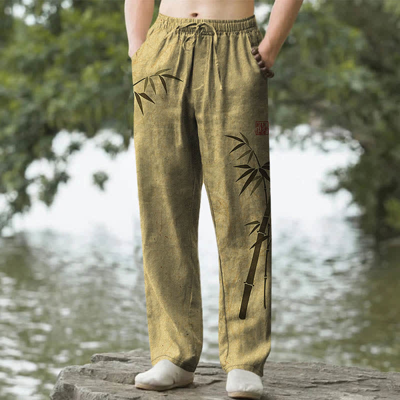 Buddha Stones Spodnie męskie zwężane z kieszeniami, bawełniane, z nadrukiem liści bambusa - Ciemny Khaki - US/UK/AU50, EU60 (5XL) - image 6