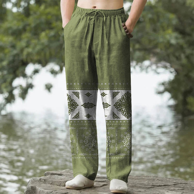 Buddha Stones Spodnie męskie zwężane z kieszeniami, z bawełnianą bandaną w mozaikowy wzór - Oliwkowy - US/UK/AU50, EU60 (5XL) - image 4