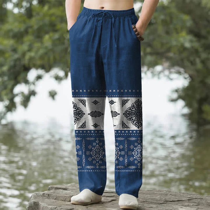 Buddha Stones Spodnie męskie zwężane z kieszeniami, z bawełnianą bandaną w mozaikowy wzór - Marynarka wojenna - US/UK/AU50, EU60 (5XL) - image 6