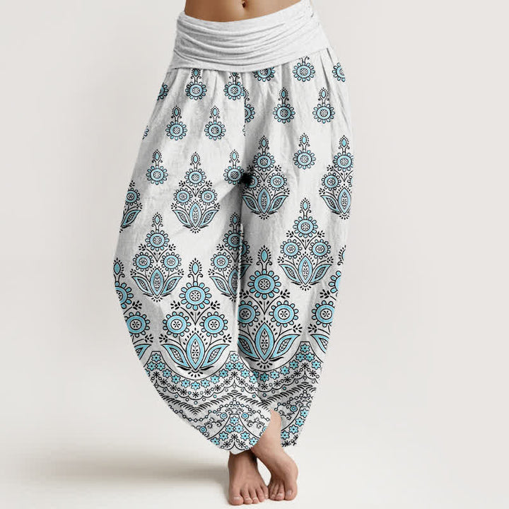 Buddha Stones Spodnie damskie typu harem z elastycznej talii z czystej bawełny z motywem mandali i kwiatów - Cyjan - US16, UK/AU20, EU48 (3XL) - image 0