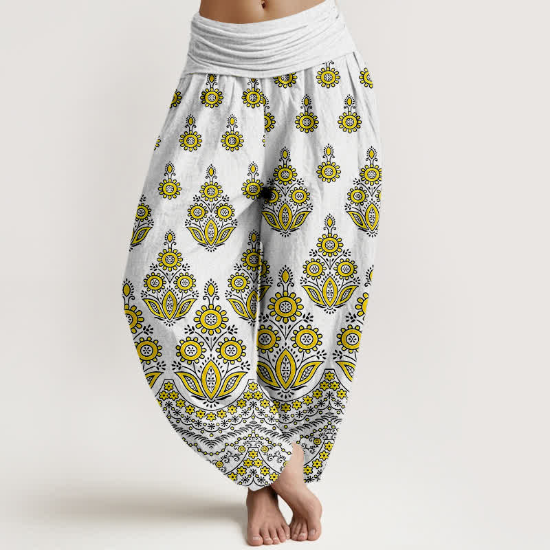 Buddha Stones Spodnie damskie typu harem z elastycznej talii z czystej bawełny z motywem mandali i kwiatów - Żółty - US16, UK/AU20, EU48 (3XL) - image 3