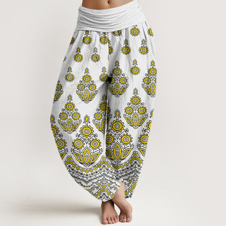 Buddha Stones Spodnie damskie typu harem z elastycznej talii z czystej bawełny z motywem mandali i kwiatów - Żółty - US16, UK/AU20, EU48 (3XL) - image 3