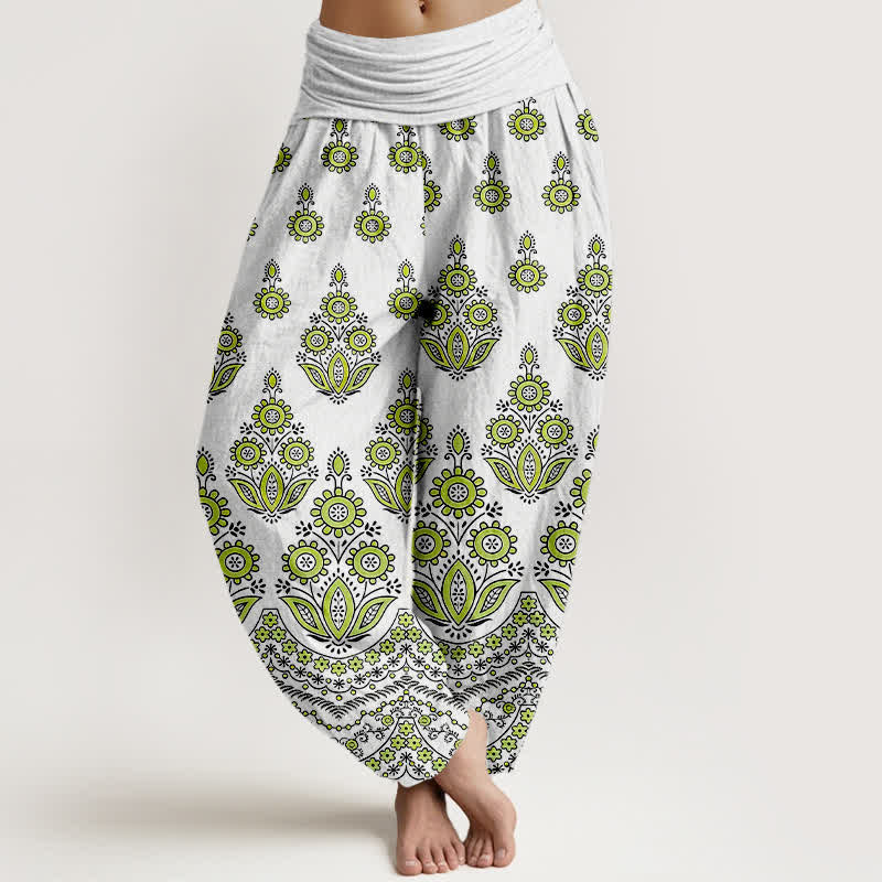 Buddha Stones Spodnie damskie typu harem z elastycznej talii z czystej bawełny z motywem mandali i kwiatów - Jasnozielony - US16, UK/AU20, EU48 (3XL) - image 6