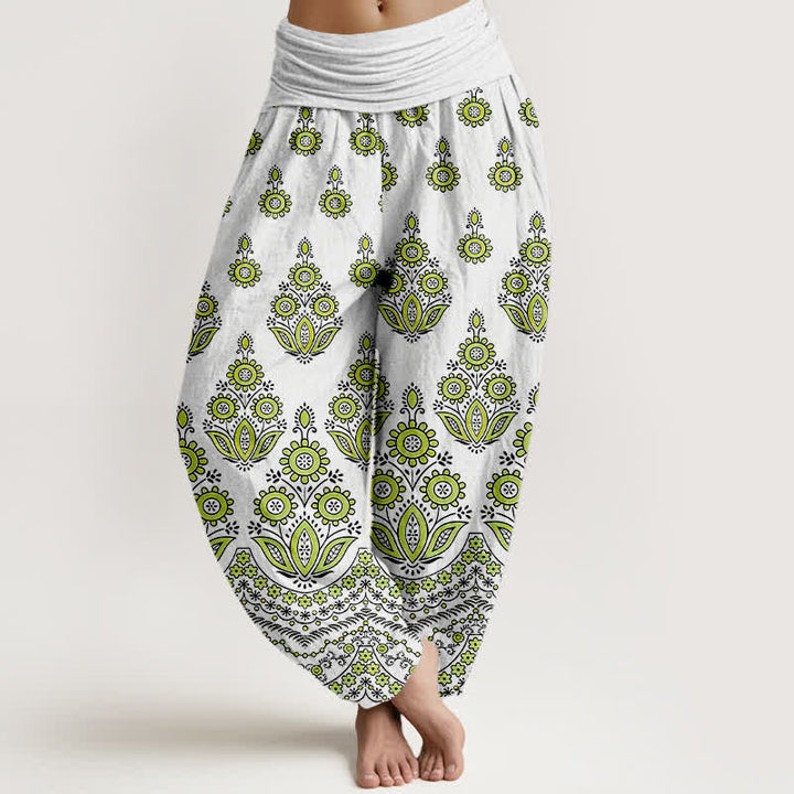 Buddha Stones Spodnie damskie typu harem z elastycznej talii z czystej bawełny z motywem mandali i kwiatów - Jasnozielony - US16, UK/AU20, EU48 (3XL) - image 6